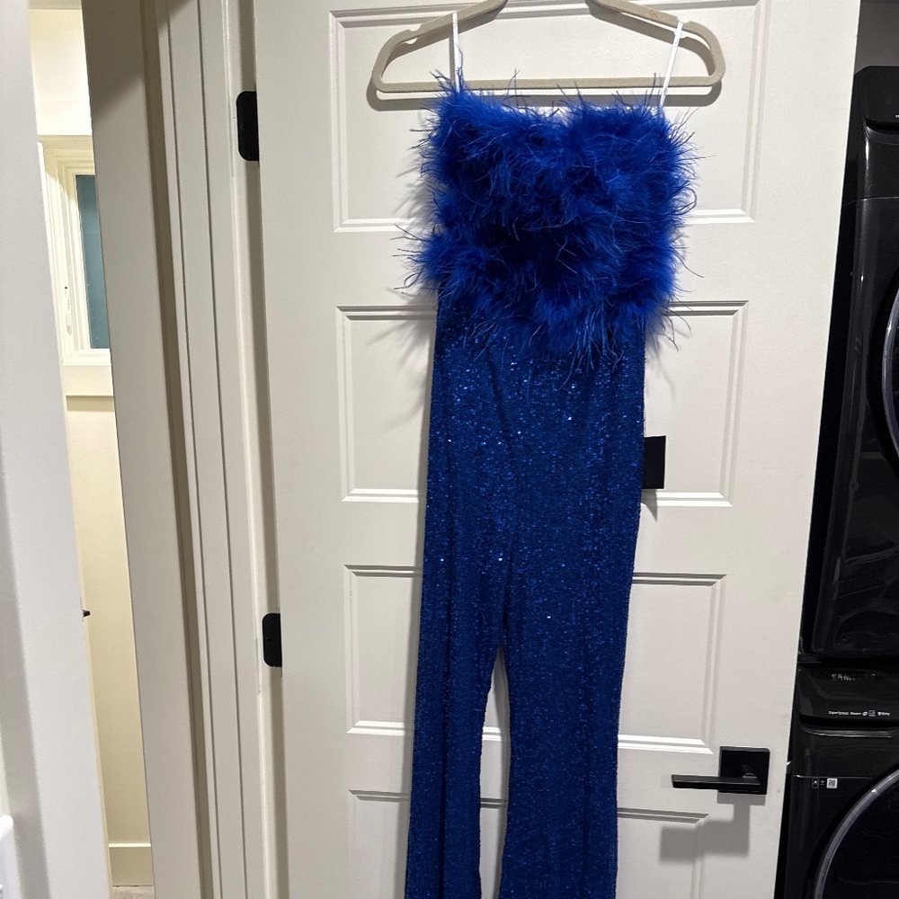 NWT Lulu’s Unbelievable Energy Royal Blue Sequin Feather Strapless Jumpsuit